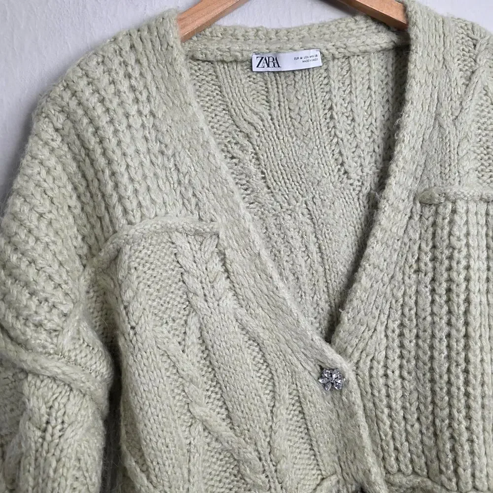 Zara Jeweled Button Chunky Knit Cardigan Blogger Favorite Sage Medium